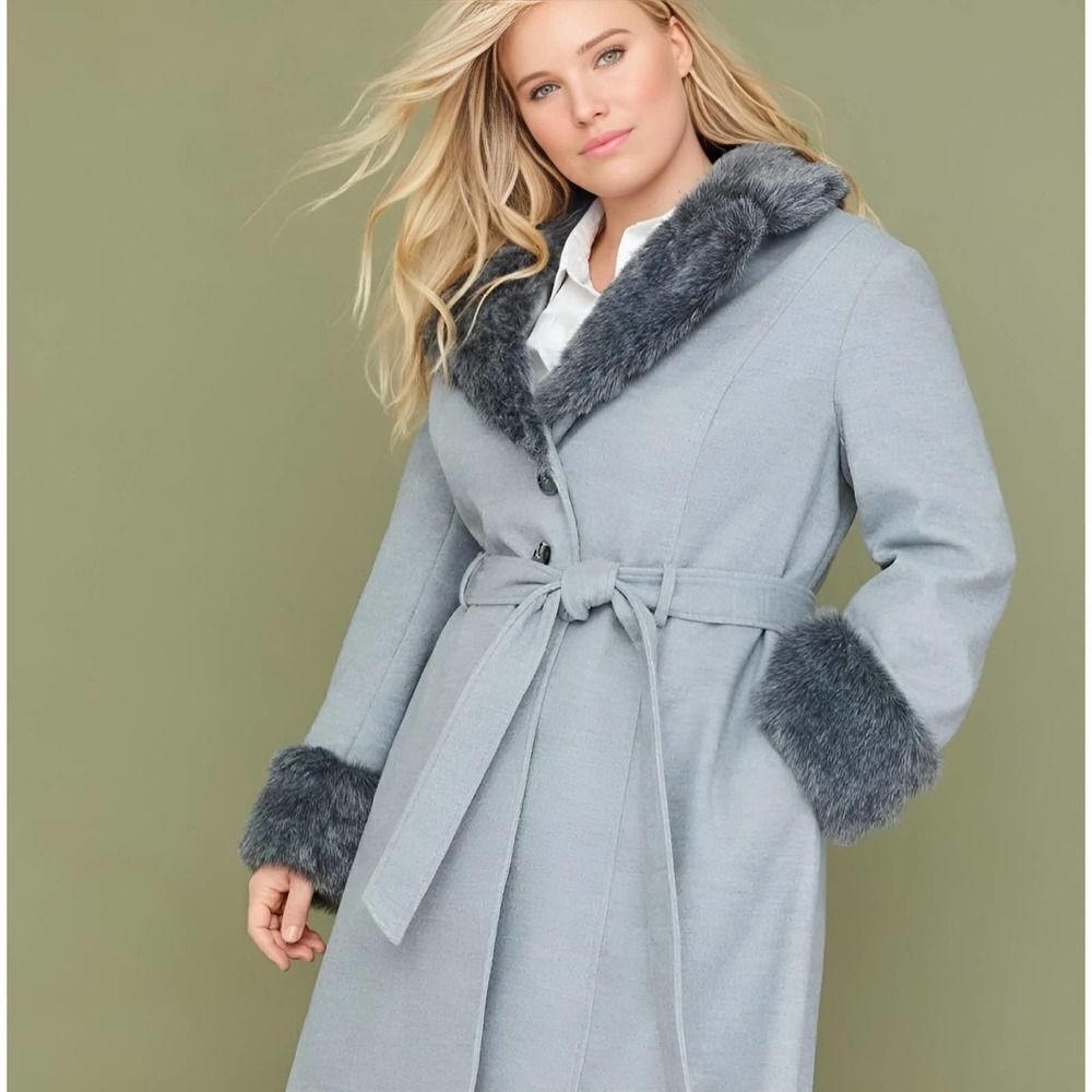 Lane Bryant Grey Full Length Trench Coat with Faux Fur Trim Size 10/12